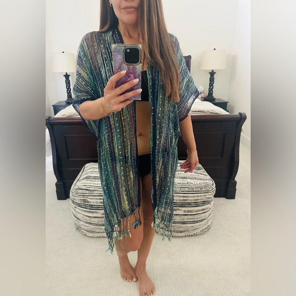 BEAUTY:  Summer Stripe Woven Kimono Beach Coverup